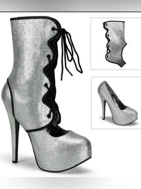 Bordello Teeze-31G Silver Glitter Platform Heels Boots Size 9 NWT